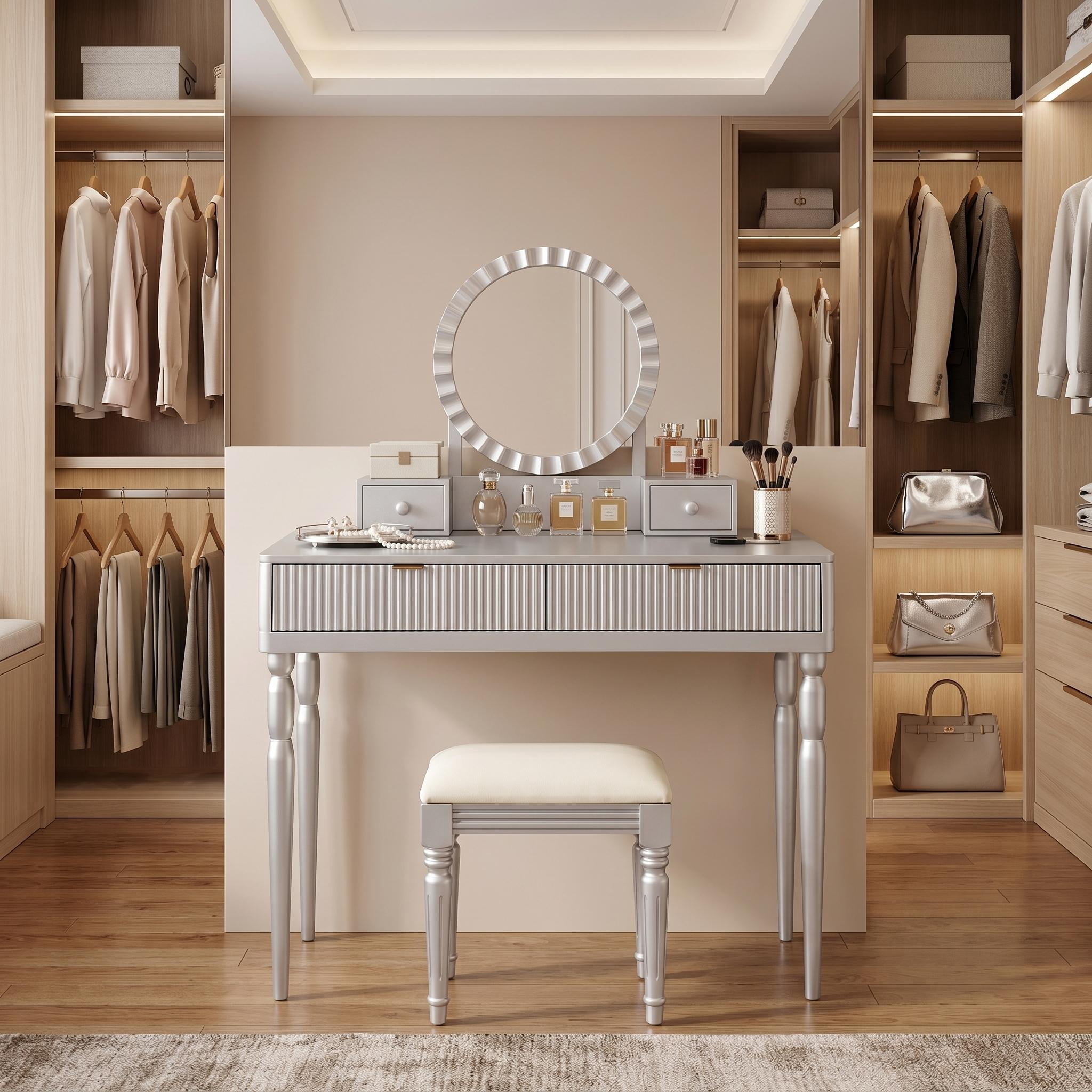Homy Casa Makeup Vanity Table with Round Mirror, 4 Drawers & Stool, Silver