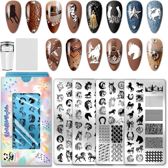 4pcs Horse Nail Stamping Plate Running Horse Nail Art Template Animals Nails Arts Stencils Horseshoes Manicure Design Stamper Nails Image Plates