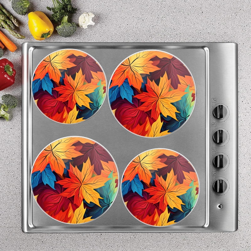 BaHomeck Electric Stove Burner Covers Set of 4,Round Metal Gas Stove Burner Covers 8 Inch and 10 Inch,Kitchen Decor,Colorful Autumn Leaves In Various Shades Of Red And Yellow