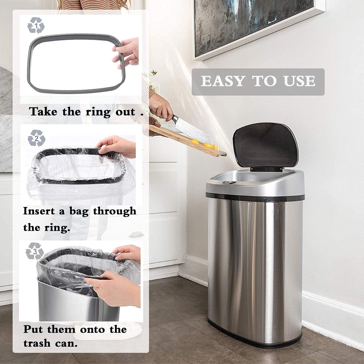 13 Gallon Trash Can Automatic Kitchen Garbage Can with Lid Touchless Sensor Waste Bin Slim No Touch Stainless Steel Trash Can for Home, Living Room, Bedroom, Office, 50 Liter- Silver