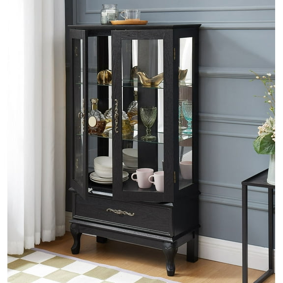 CQSXDA Lighted Curio Cabinet with Glass Doors and Adjustable Shelves in Sleek Black Finish for Stunning Home Decor