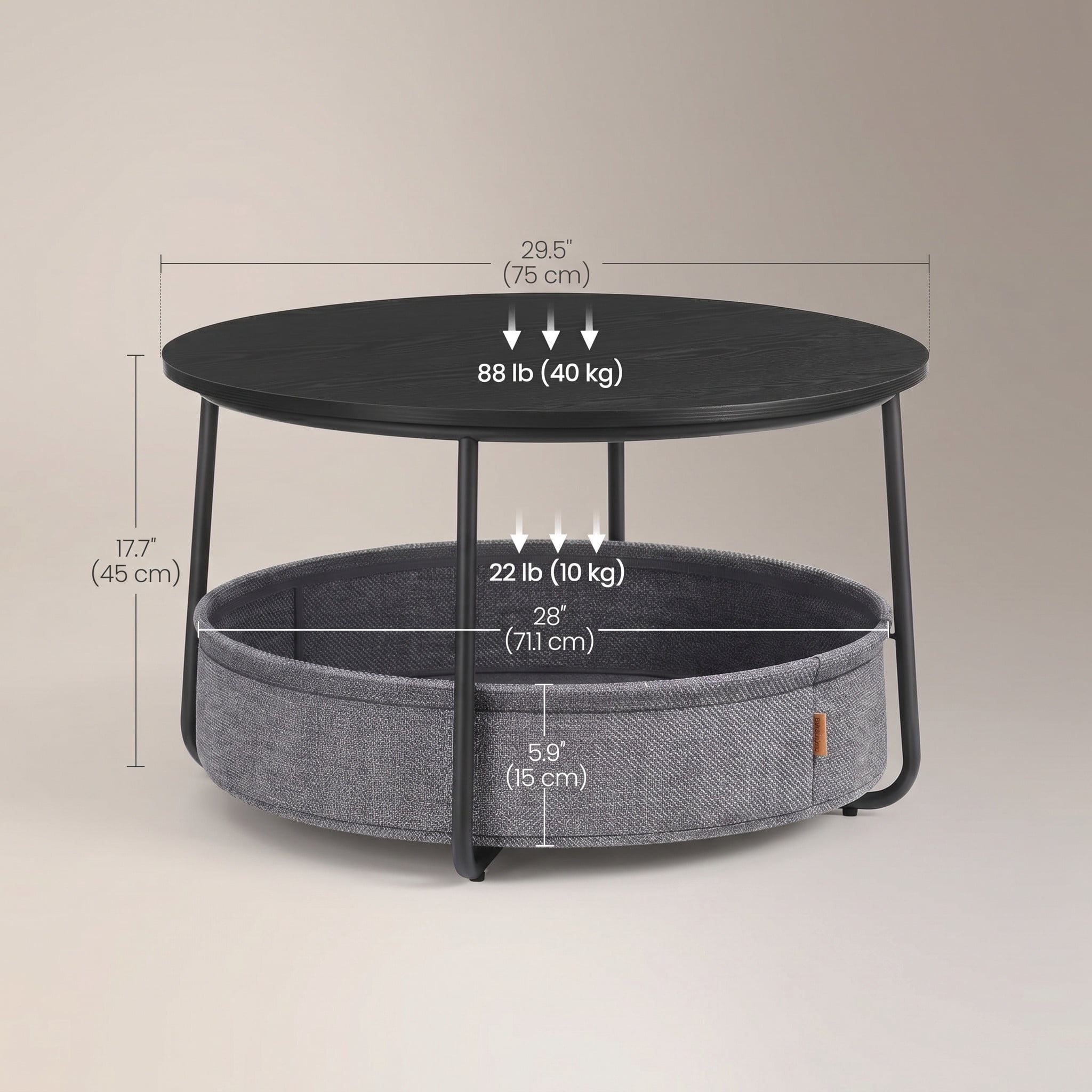 Nordic Hygge Modern Ebony Black Round Coffee Table with Slate Gray Fabric Storage Basket