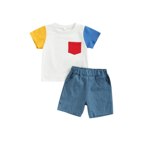 

LisenraIn Toddler Boy Summer Outfits Boy Clothing Set Short Sleeve Contrast Color Patchwork T-Shirt Pocket Shorts Set