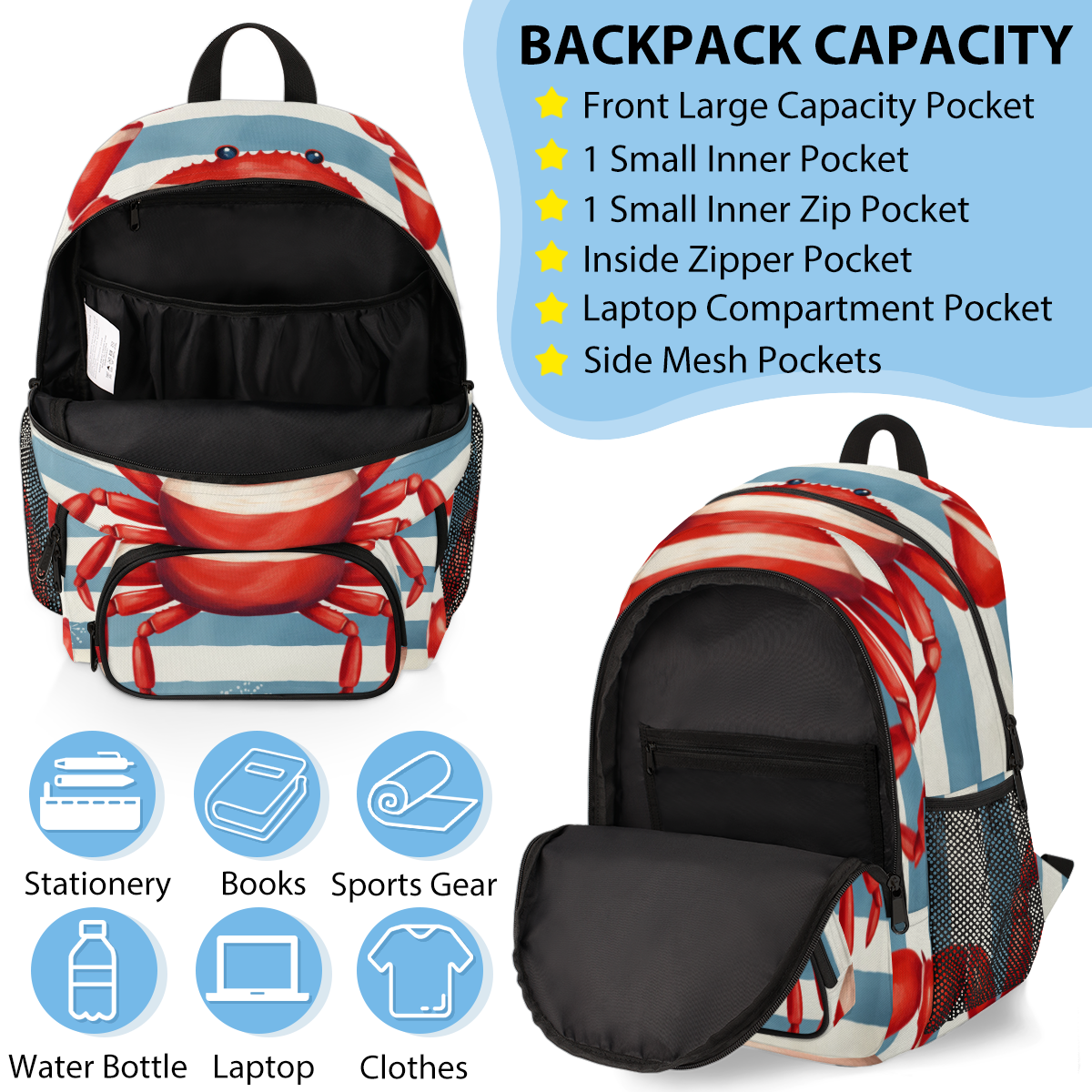 Herdesigns Crab Large Backpack Set with Lunch Box Lightweight Water Resistant Travel Laptop Backpacks Casual Daypacks for Women Men