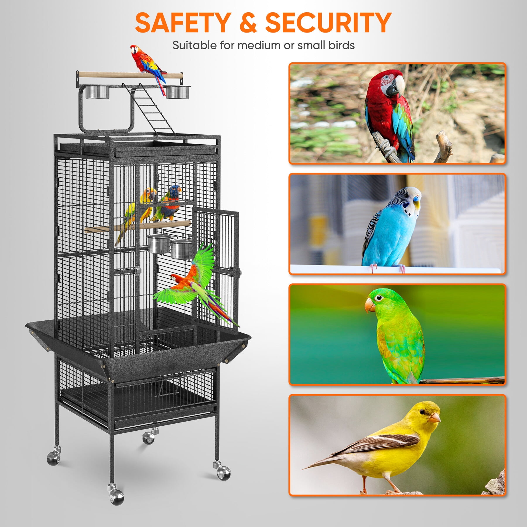 HomGarden 61-in 2in1 Large Bird Cage Play Top W/Rolling Stand for Parrot Bird Black Iron Frame
