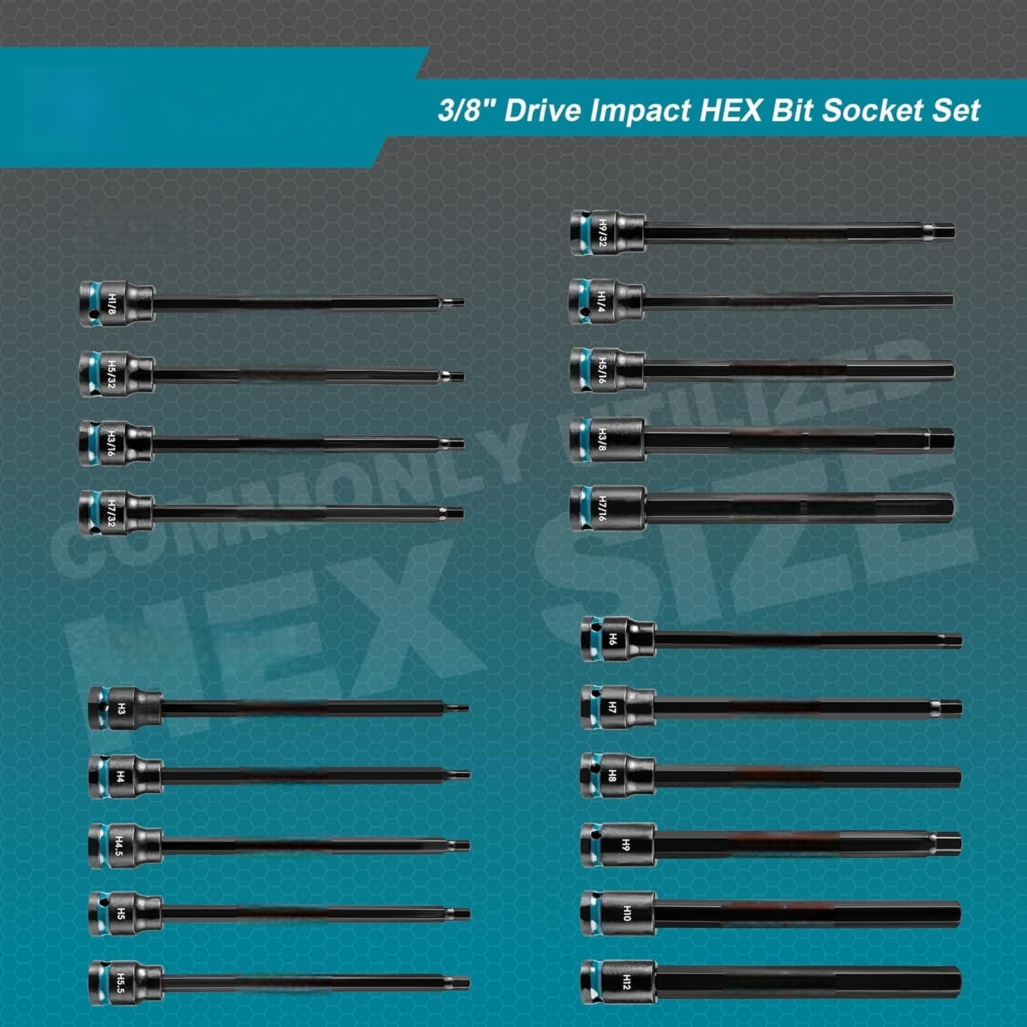 3/8" Drive Long Impact Hex Bit Socket Set, Allen Bit Sockets, S2 Steel Hex Head Sockets, 20PCS Allen Wrench Socket, SAE&Metric Allen Bit Socket Set, 6" Long Allen Key Socket, Blow Molded Box
