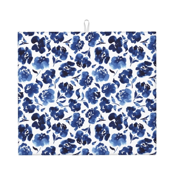 Naloa Blue Ink Flowers Dish Drying Mat for Kitchen Counter, Heat Resistant Drainer Mats, Absorbent Draining Mat,Dish Rack Pad,16"x18"