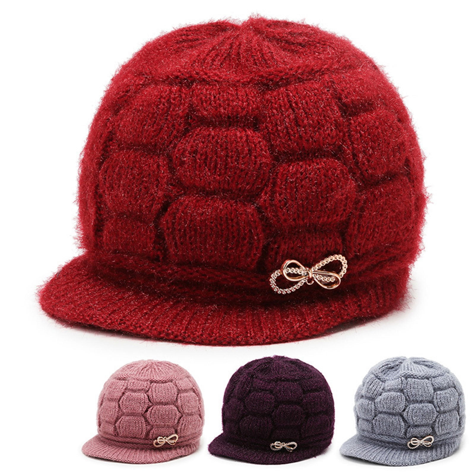 〽️Women’s Wine Winter Warm Knit Wool Snow Ski Hat with Visor Women Winter Warm Knit Hat Wool Snow Ski Caps With Visor  main image 2