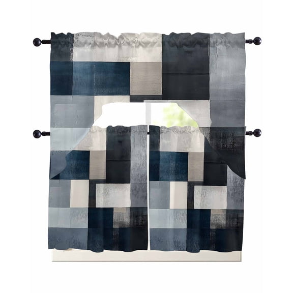 Black Blue Geometric Kitchen Curtains Sets 36 Inch Length with Valance, Vintage Abstract Gradient Art Swag Valances and Tiers Curtain Set Drapes Swag Curtains for Living Room, Bathroom, Bedroom, Cafe