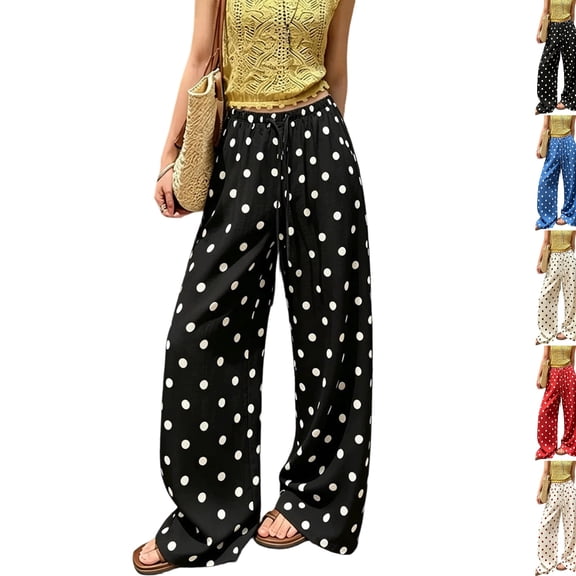 Polka Dot Pants for Women 2026 Summer Casual Drawstring Wide Leg Barrel Jeans Flowy Satin Silk Balloon Palazzo Pant,XL,Black