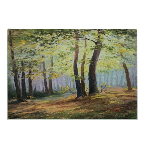 Country Cutting Board, Image of Spring Landscape in Forest with Falling Leaf and Various Trees Mod Print, Decorative Tempered Glass Cutting and Serving Board, Small Size, Brown Green, by Ambesonne