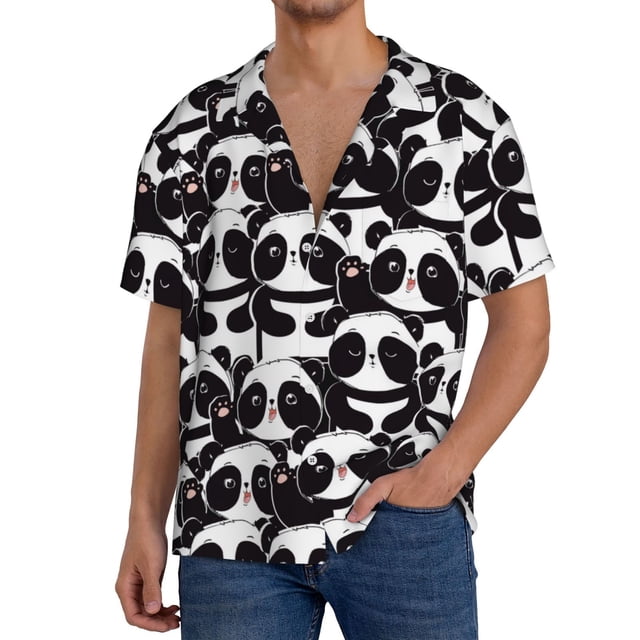 Balery Panda Camisa Casual de Manga Corta con Botones para Hombre, Texturizada, Estilo Cubano, para Playa, Verano-Small