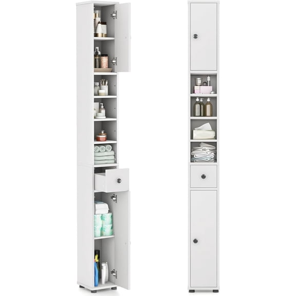 Bathroom Storage Cabinet, 71" Freestanding Bathroom Cabinet w/ 2 Doors, 1 Drawer & 5 Adjustable Shelves, Floor Narrow Tower Cabinet for Small Spaces, 8" x 8" x 71" (White)