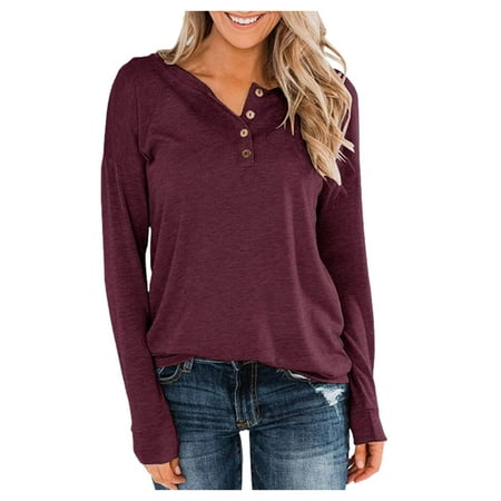 gakvov Fall Savings Clearance 2022!Plus Size Shirts For Women Long Sleeve Henley Tops Pullover With Buttons Down Casual Loose Fit Pullover V-Neck Tunics Tops