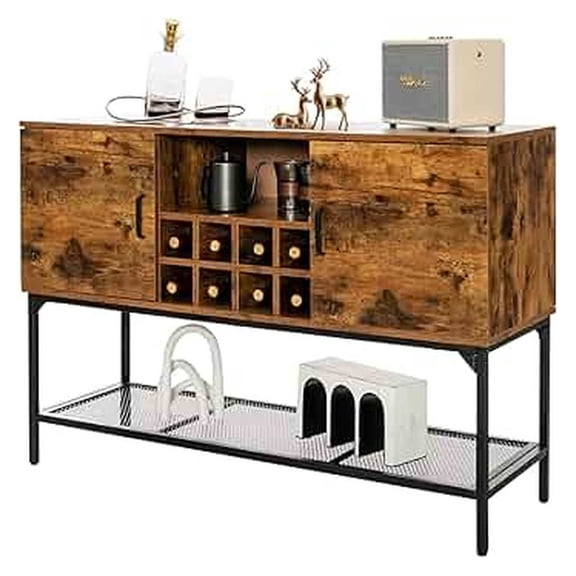 Industrial Buffet Cabinet with Storage, Home Kitchen Wine Cabinet with 8-Bottle Rack & Metal Mesh Shelf, Coffee Bar Sideboard with 2 Door Cabinets, x 16 x 33.5 inches, Rustic Brown