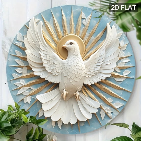 HELLOYOUNG White Dove Holy Spirit 2D Metal Wall Art, Round Iron Sign for Home Porch Decor, 7.8x7.8 Inch Garden Indoor Outdoor Christian Gift