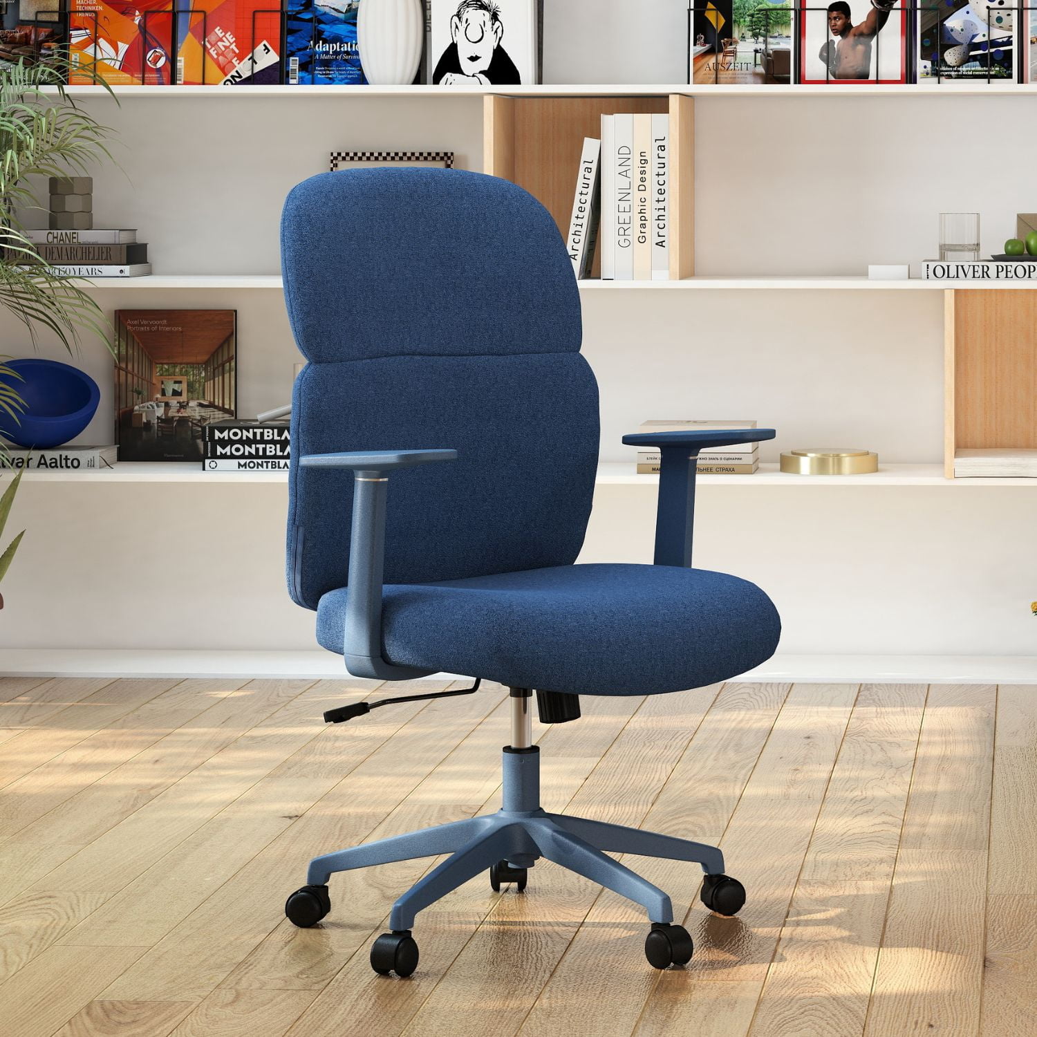 Dayalane Modern Adjustable Office Chair, Swivel Fabric Ergonomic Task Chair with Armrests, 90-120° Tilt Function and Wide Cushion Desk Chair for Home/Bedroom/Study/Office/Conference Room, Blue