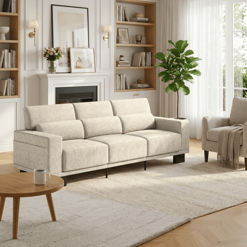 89”Chenille Upholstered 3-Seat Couch, Stylish Modern Design with Broad Armrests & Thick Cushions, Perfect for Home, Apartment & Living Area, Beige