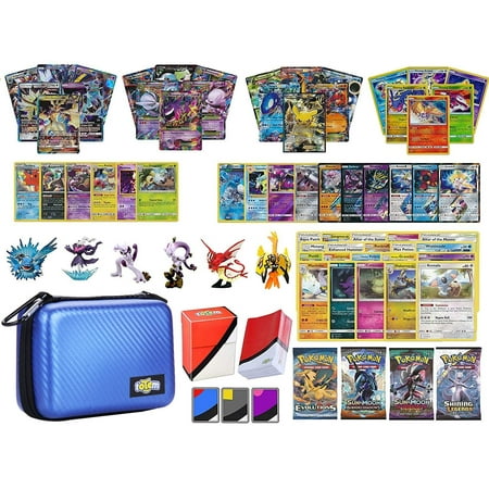 Rare Pokemon Cards Mega Ex Totem World Pokemon Premium Collection 100 Cards with GX Mega EX Shining Holo 10 Rares 4 Booster Pack - 100 Sleeves - Blue Card Case - Deck Box and Figure ()