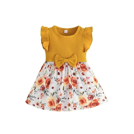 

Caoirhny Toddler Baby Girls Summer Dresses 80/90/100/110/120/130 Fly Sleeve Round Neck Bow Front Floral Print Dresses