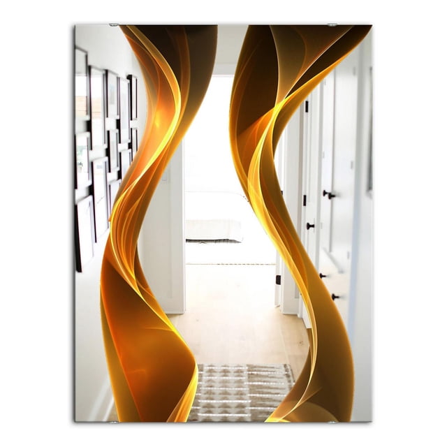 Contemporary large wall mirror featuring abstract golden waves along the edges, measuring 28x40 inches.