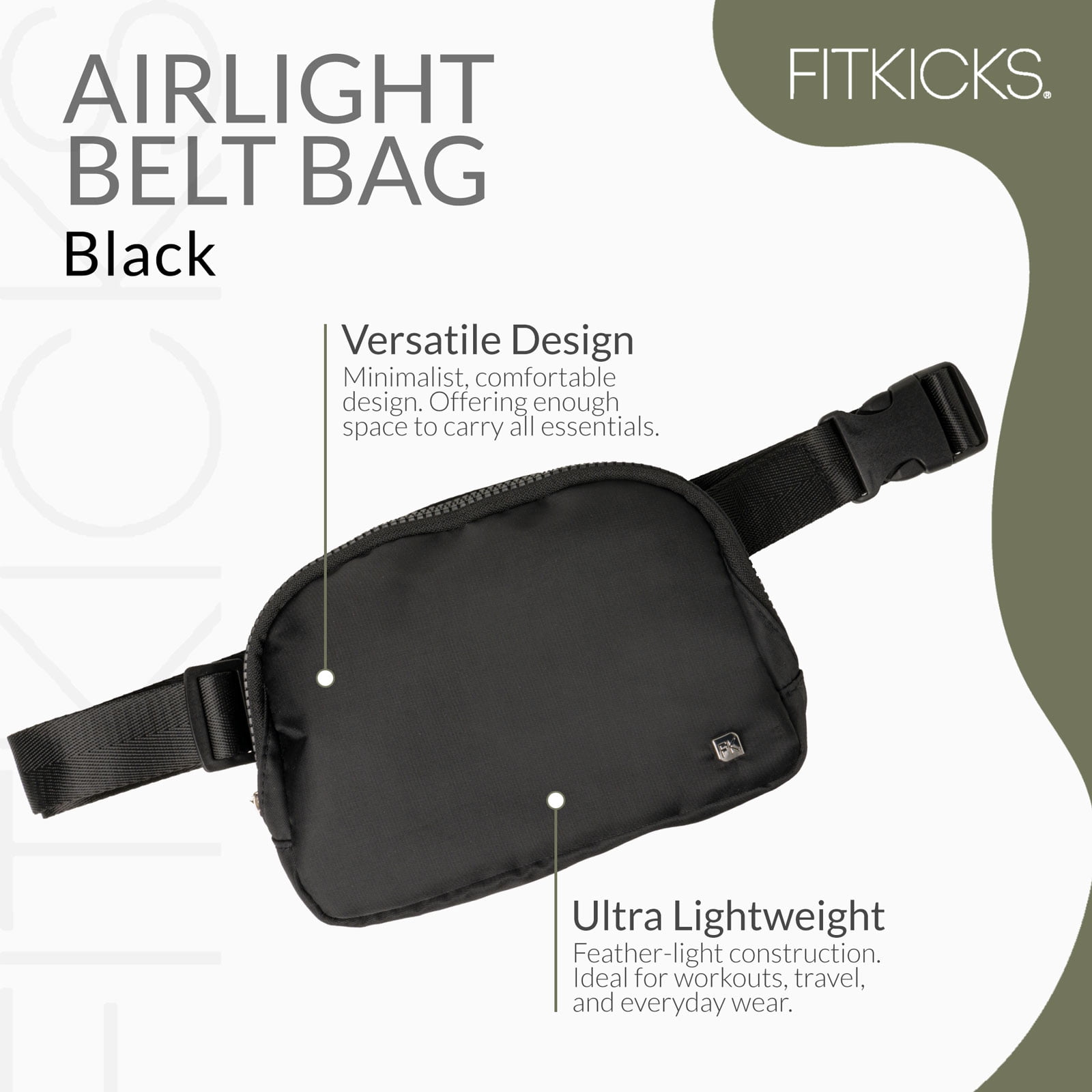 FITKICKS Airlight Belt Bag Lightweight Fanny Pack, Waist Pouch with Adjustable Strap - Black
