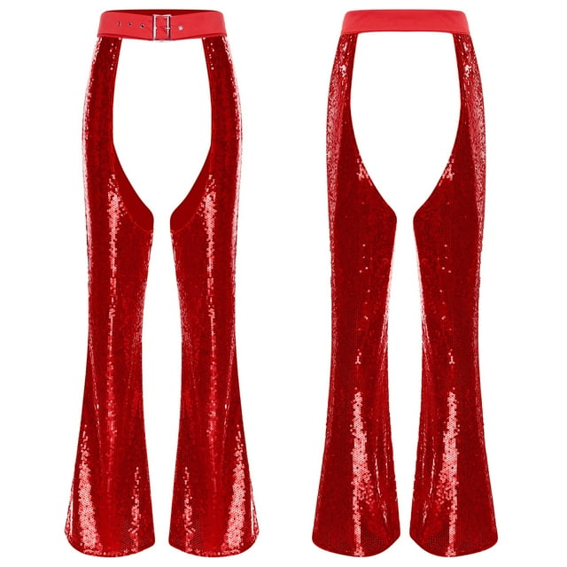 YiZYiF Pantalon Chaps Évasé à Paillettes pour Femmes, Pantalon à Taille Ajustable, Costumes Hippies d'Halloween, Tenue de Rave, Pantalon Disco, Rouge TTG