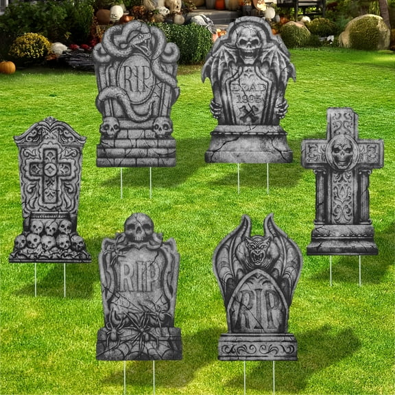 Joyfy 6 Pcs 15.7 inch Halloween Decorations, Plastic Gravestones Halloween Decor with 12 Metal Stakes for Yard Lawn Garden Prop, Party Decor Supplies