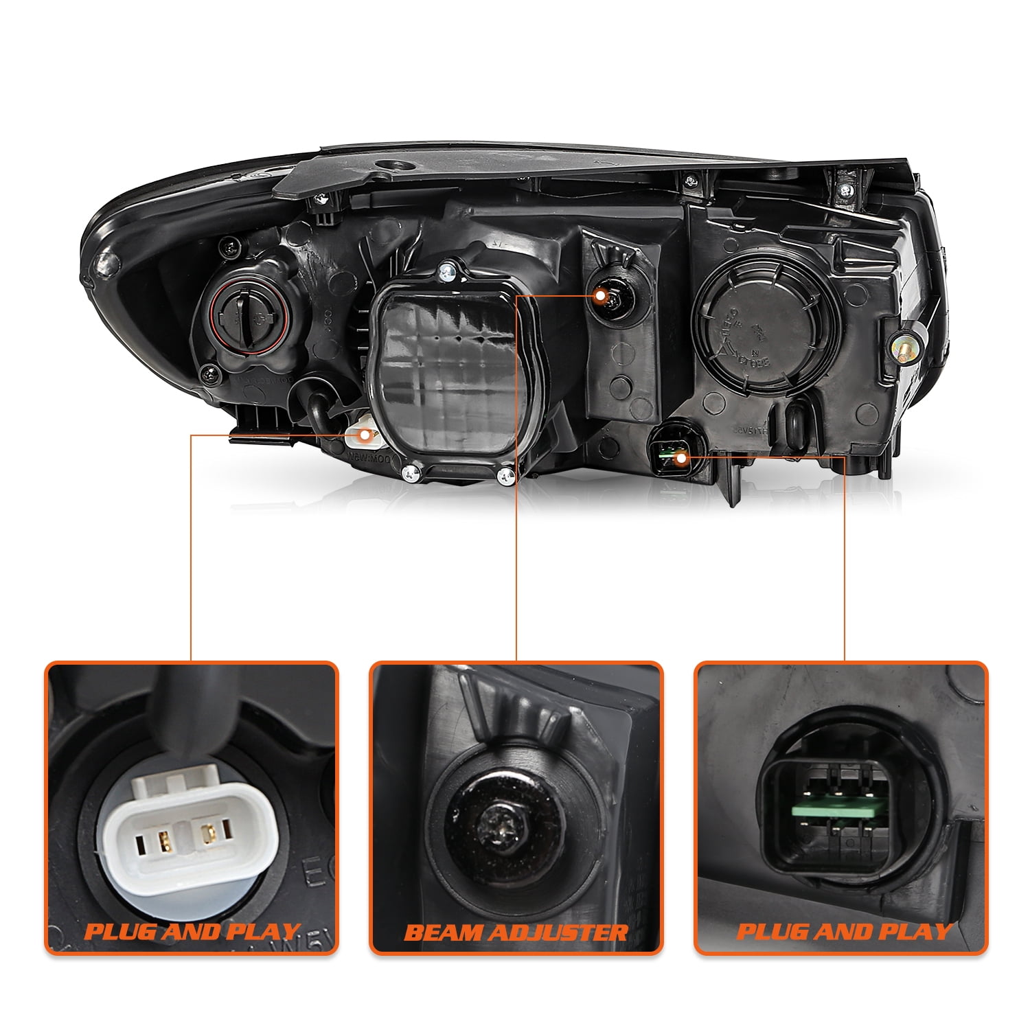 For 2007-2012 Hyundai Santa Fe 6pin Halogen 2pcs Headlights Black Amber Headlamps Assembly 07-12