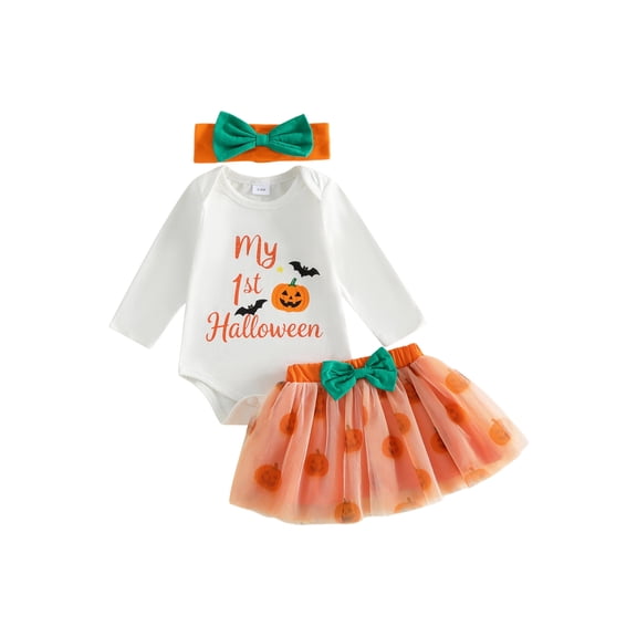 Loicainy Infant Baby Girl Halloween Clothes Set 3 6 9 12 18 Months Print Long Sleeve Romper Tulle Skirt Headband 3 Pcs Outfits