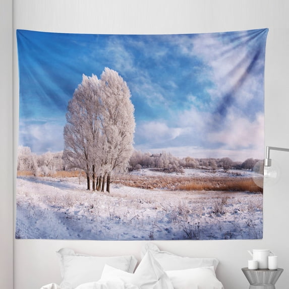 Nature Tapestry, Winter Landscape with Snowy Foliage and Tree Icy Frozen Lands Panorama, Fabric Wall Hanging Decor for Bedroom Living Room Dorm, 5 Sizes, Turquoise Avocado Green, by Ambesonne
