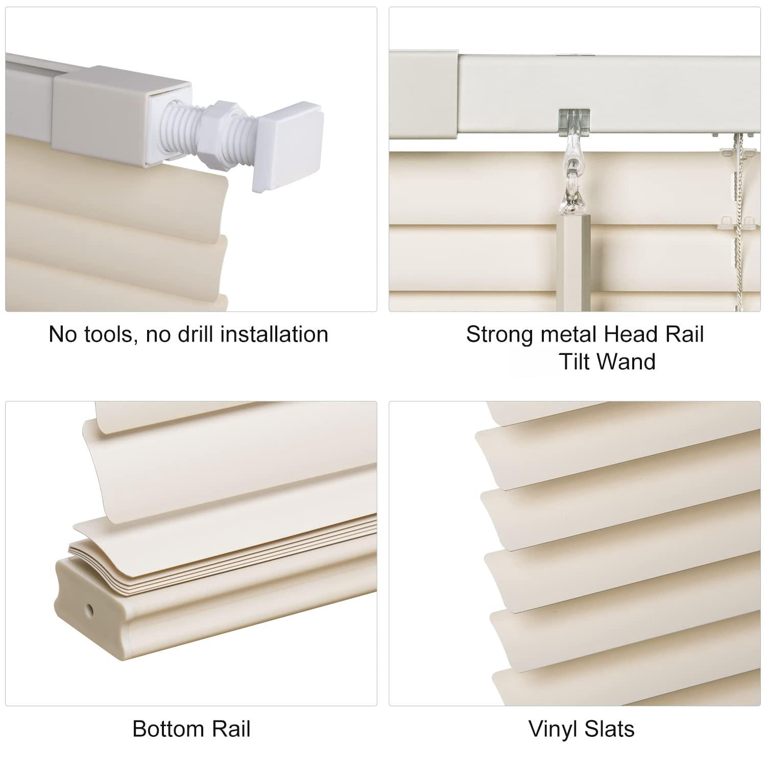 No Tools Drill 1" Vinyl Mini Blinds  Cordless For Windows Light Filtering Horizontal Window & Shades 20" W X 64" H Cream