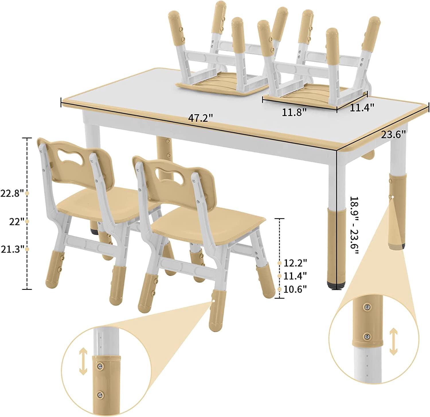 AINUO Toddler Table and Chairs Set for 4, 47.2"L x 23.6"W Height Adjustable Kids Activity Table with Graffiti Desktop, Study Play Table for Home Daycare Classroom