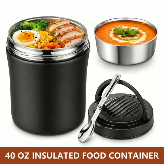 40oz Insulated Food Container, Leakproof Wide Mouth Stainless Steel Vacuum Insulated Food Container, 304 Stainless Steel Soup Container with Portable Handle for Travel and Daily Use