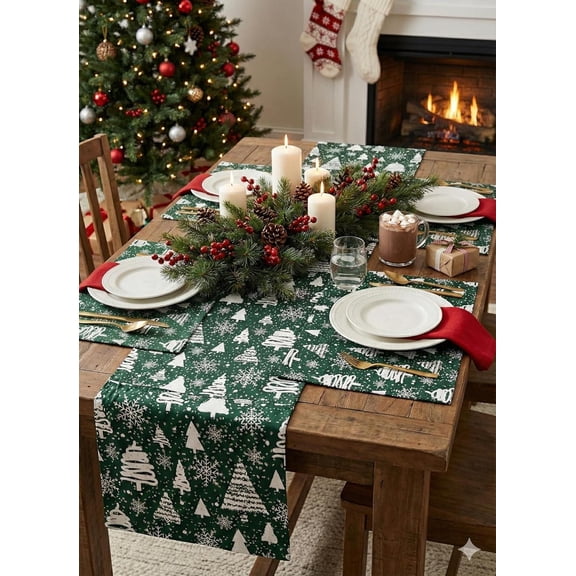 181 Degrees Christmas Table Runner with Placemats Set, Holiday Green Snowflake Design Table Decor, Farmhouse Dining Table Runner for Christmas Party & Winter Home Decor 68x14 Inch