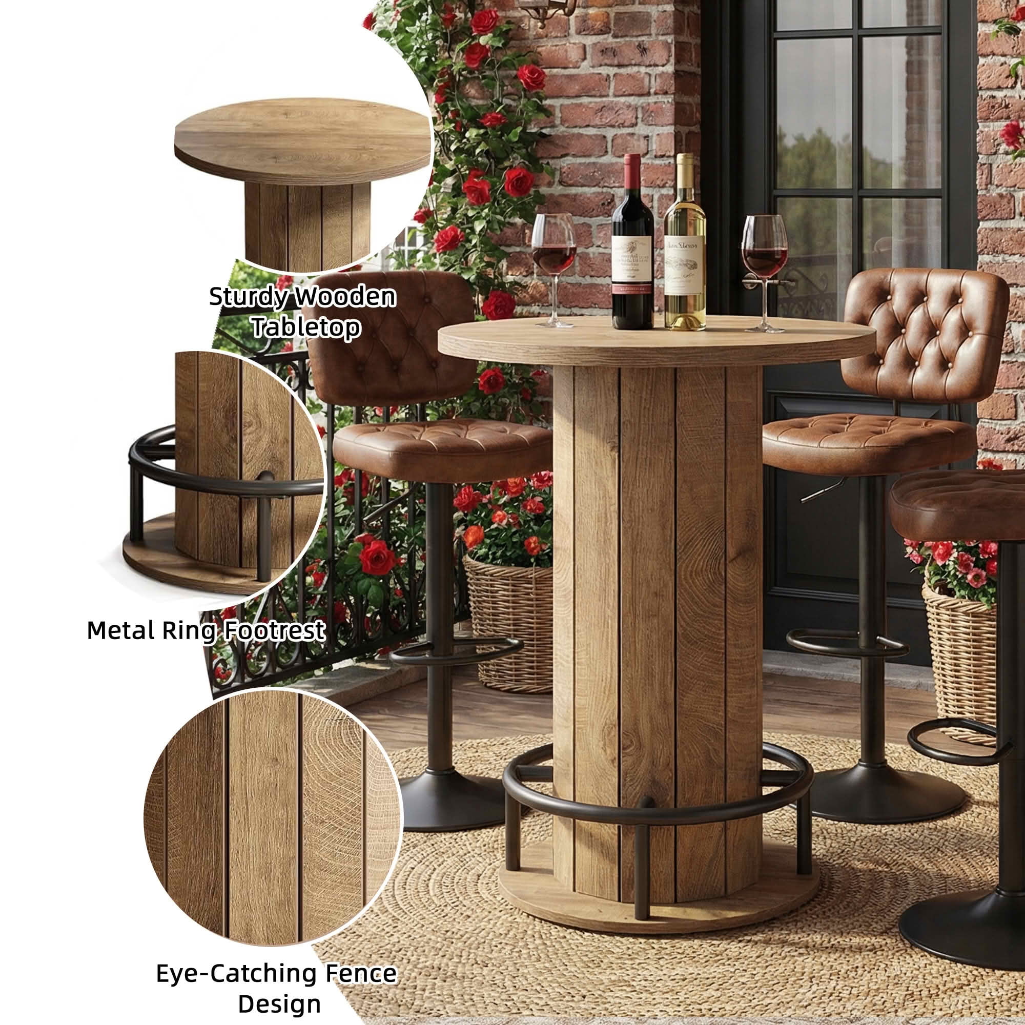 MAYEERTY Industrial-Farmhouse Bar Height Round Bistro Table, Wooden Pub Table with Footrest for Home Kitchen Cafe Apartment