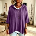 thumbnail image 6 of Womens Solid Color Knit Hoodie Drawstring 3/4 Sleeve Ribbed Hem Loose Fit Travel Lounge Outerwear Blouse Purple L, 6 of 6