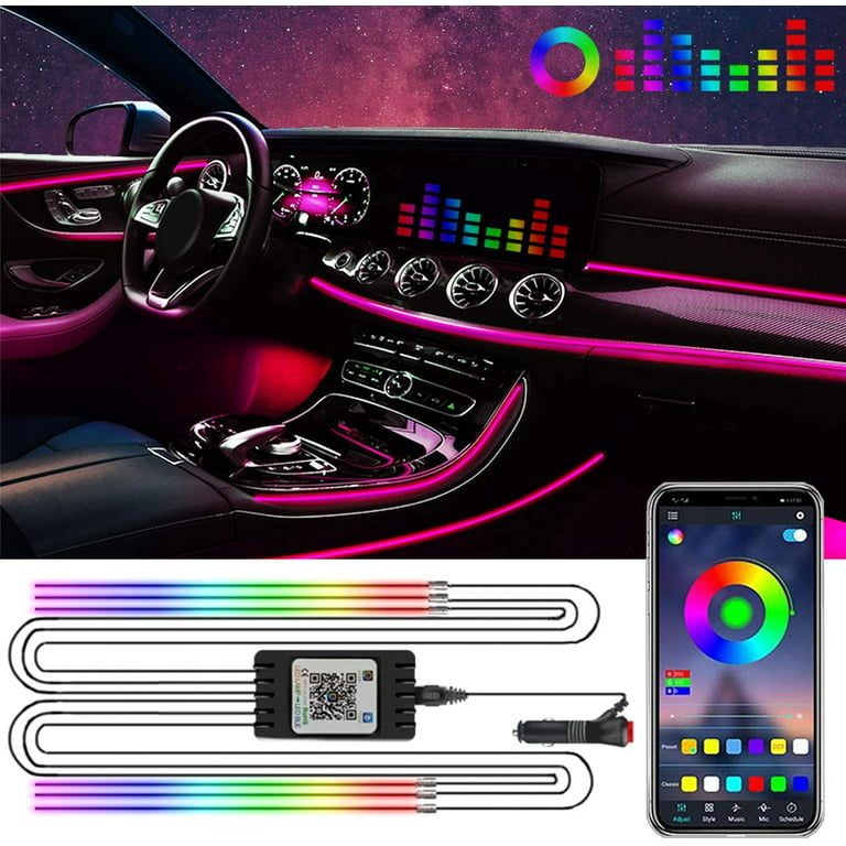 QAUBEN Car Interior Strip Lights, 6 in 1 Multicolor RGB Car Ambient  Lighting, 8m Fiber Optic EL Neon Tube Light, DIY Mode Music Sync APP  Control DC