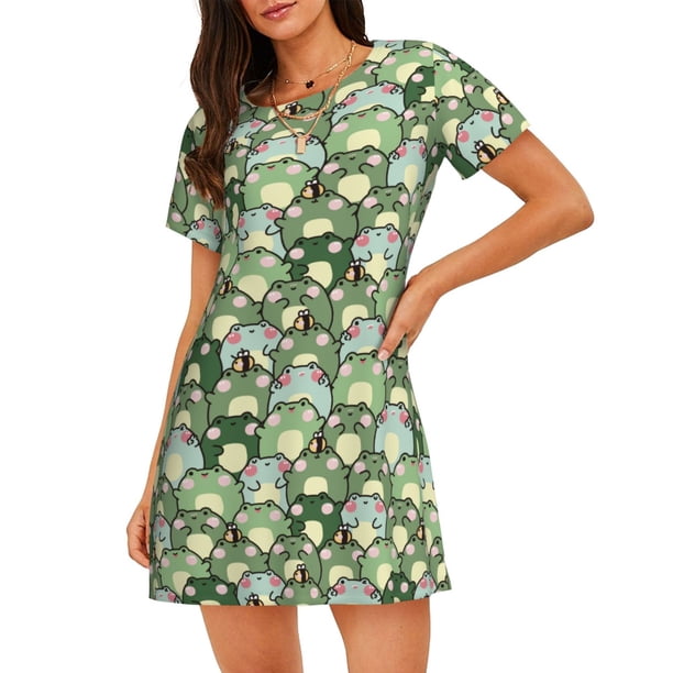 Disketp Cute Frog para Camisón Corto de Manga Corta para Mujeres, Camisón Cómodo con Escote Redondo, Bonito y Confortable