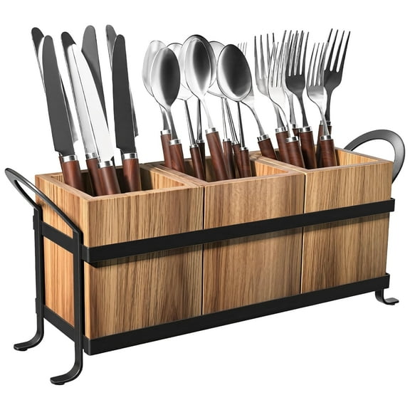 Silverware Caddy, Wooden Utensil Holder with 3 Compartments and Handle, Farmhouse Rustic Cutlery Holder Flatware Caddy for Party Kitchen Counter