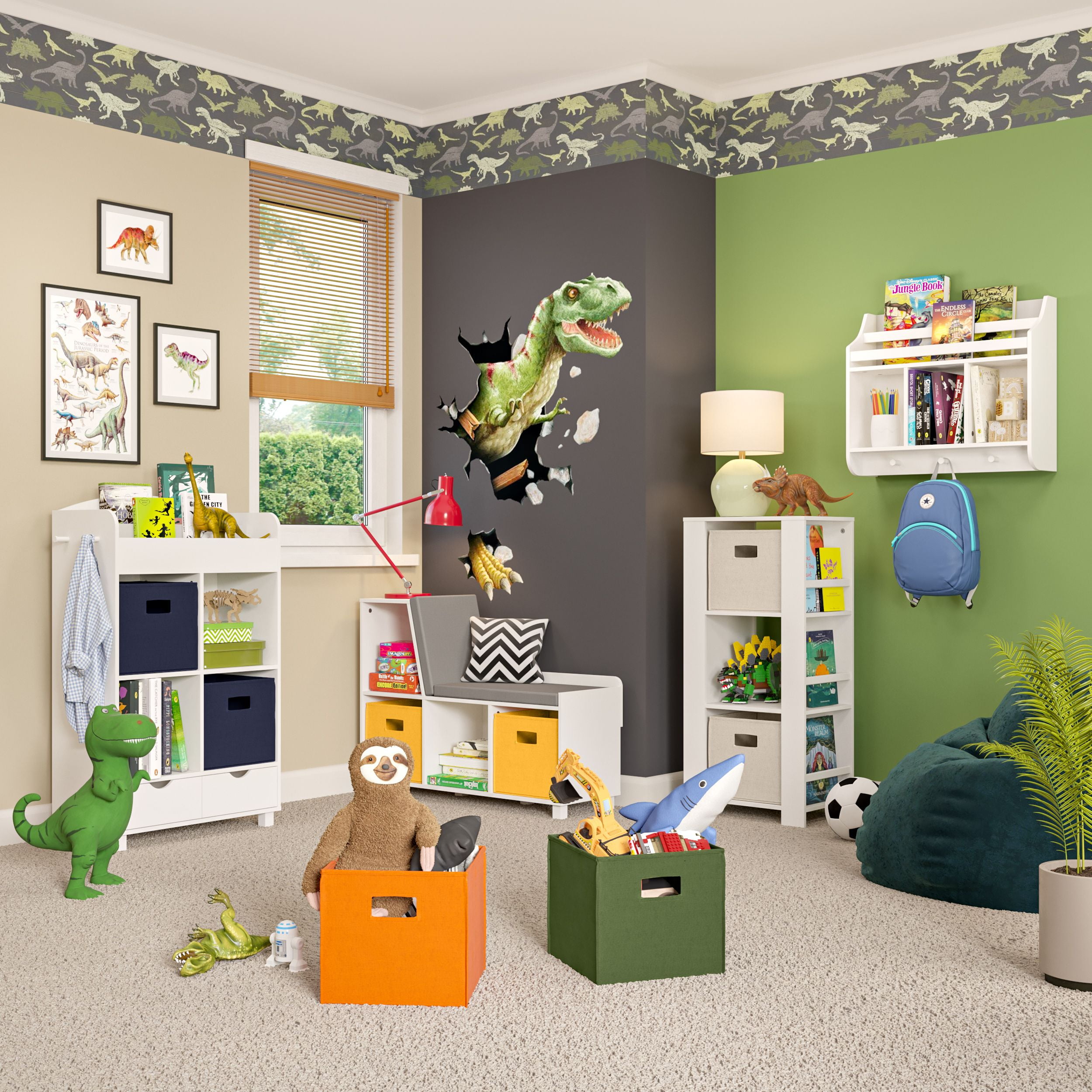 RiverRidge Kids Bookshelf Toy Organizer Tower with 3 Cubbies 6 Bookracks and 2 Navy Bins