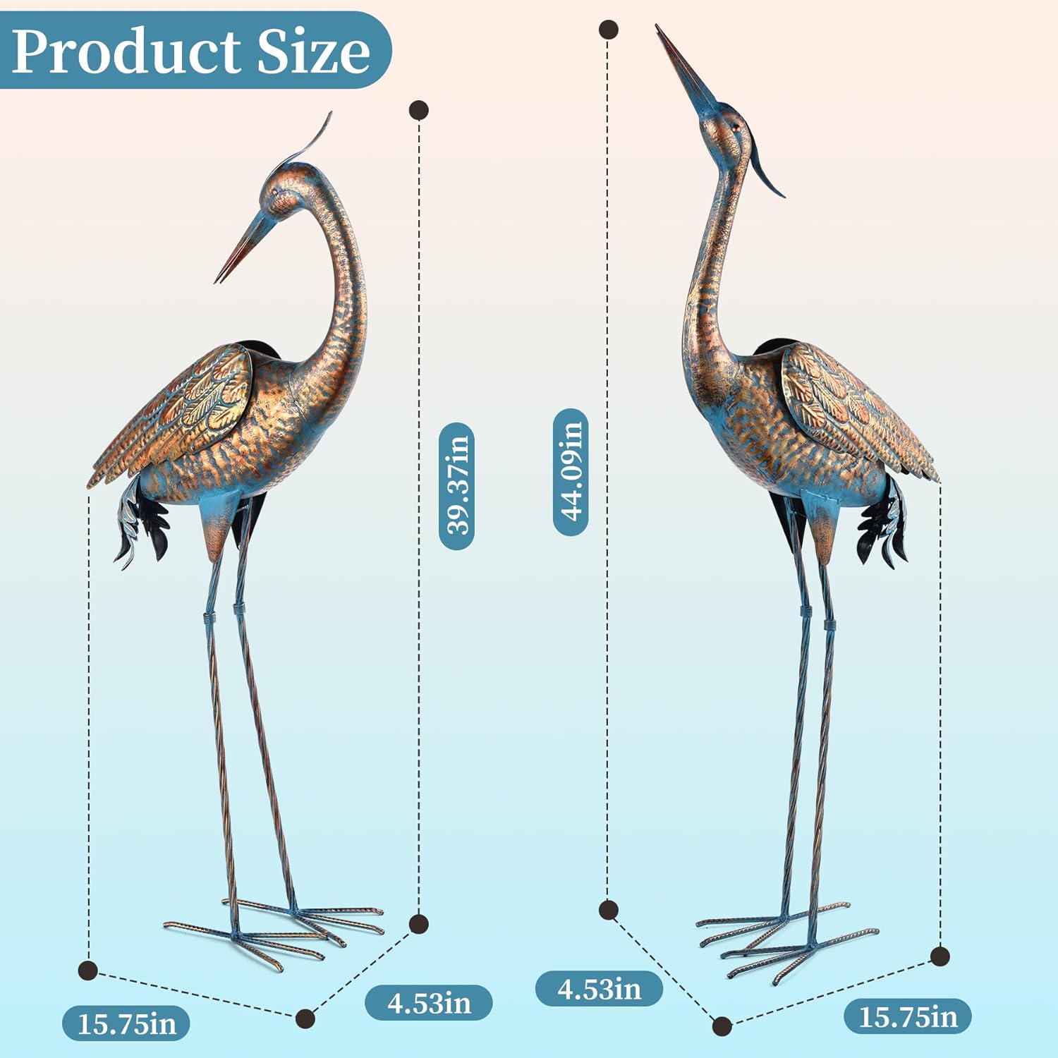 Garden Crane Statues Blue Heron Metal Yard Art Outdoor Decoration,Large Sculptures for Lawn Patio Porch,39-44 inch,Set of 2