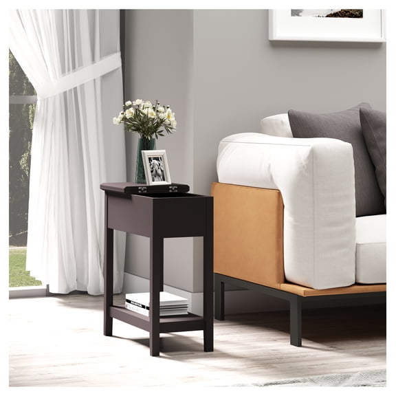 End Table with Flip Top Storage, Narrow Side Table for Living Room, Dark Coffee
