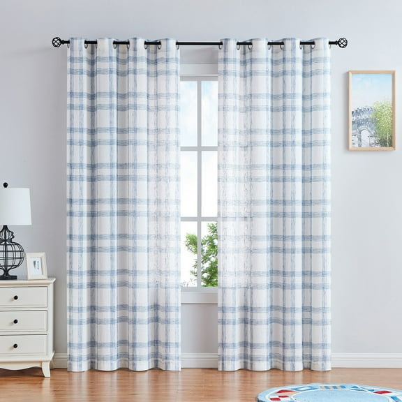 AZZCIA Linen Plaid Christmas Farmhouse Window Curtain for Living Room, Geometric Check Grommets Semi Sheer Window Treatment, 54"x84"x2, Blue/White