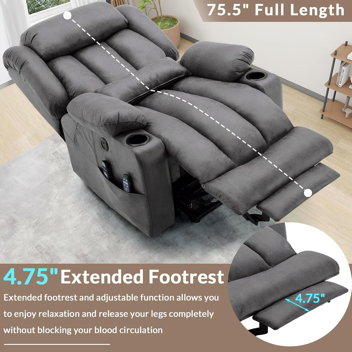 EPICOZY Oversized Dual Motor Power Lift Recliner Chair with Extended Footrest for Big tall Man, Lay Flat Sleeper Electric Recliner with Massage and Heat, Lumbar Pillow, USB & Type-C Port, Gray