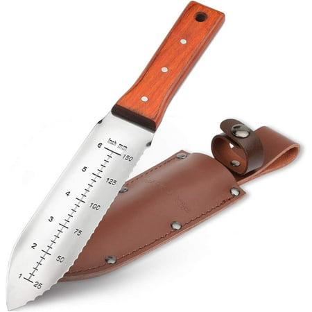HAUSHOF Hori Hori Garden Knife 7”Stainless Steel Serrated Blade with Cutting Edge, Gardening Tool with Leather Sheath for Weeding, Planting, Digging, Wood Handle with Hanging Hole