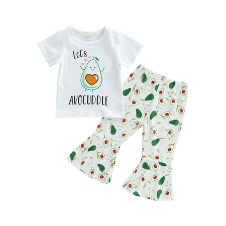 

CenturyX 2Pcs Newborn Baby Girls Summer Outfits Short Sleeve Tops Avocado Bell-bottomed Pants Clothes Set White 4-5 Years