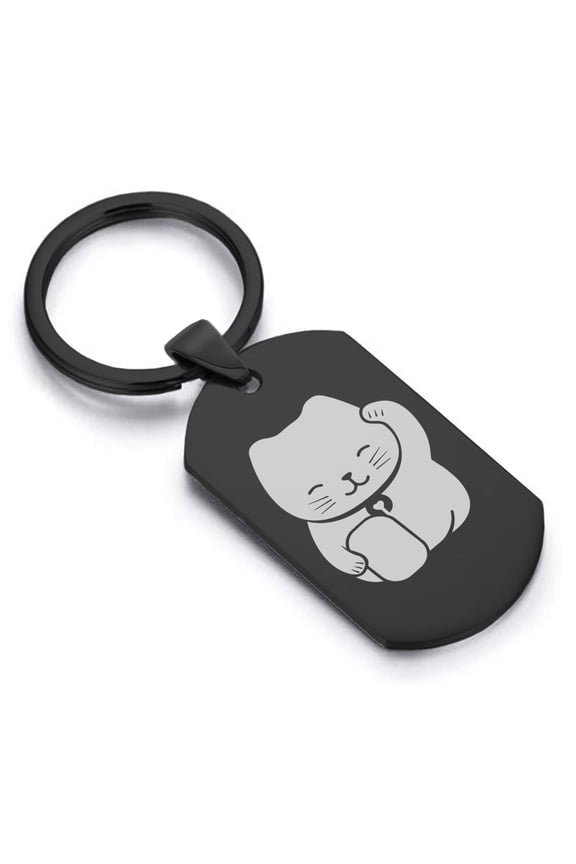 Stainless Steel Maneki Neko Good Luck Charm Dog Tag Keychain Circle Ring
