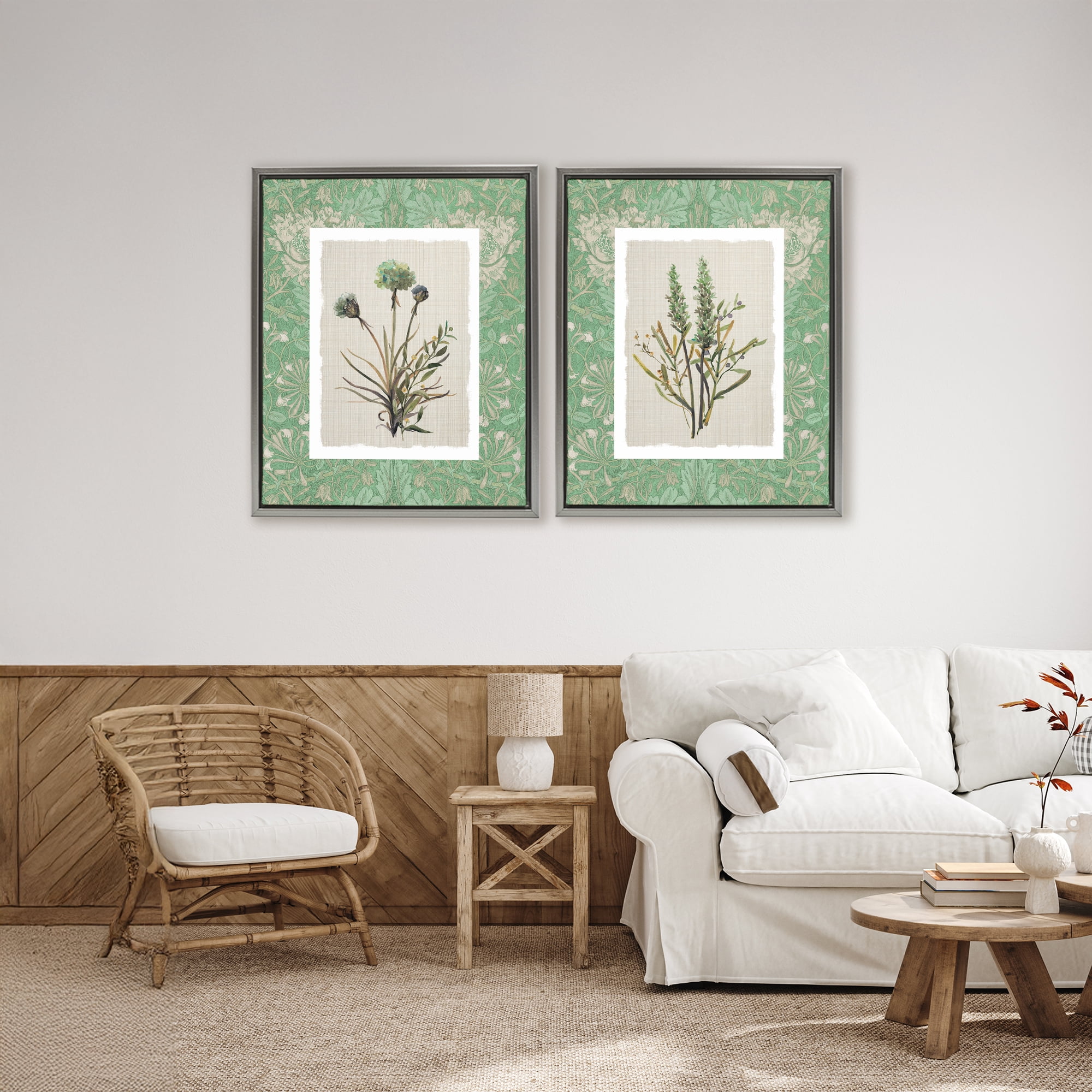 Stupell Industries Green Tone Herbal Blooms 2 Piece Gray Framed Floater Canvas Set, design by Carol Robinson