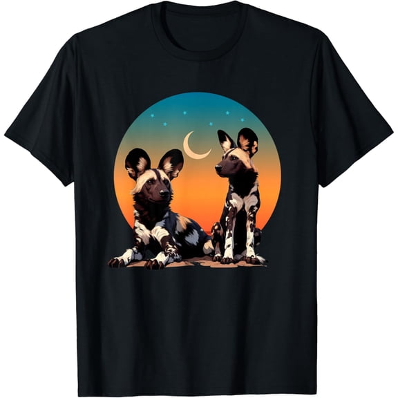 Sam Soft African Painted Wild Dogs Sunset Moon Wild Dog Lovers Design T-Shirt